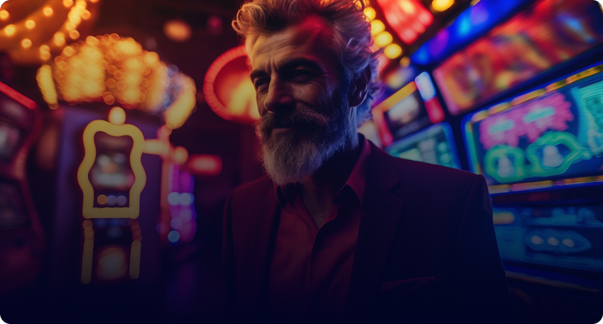 A figure stands immersed in the vibrant, neon glow of a Multicasino night